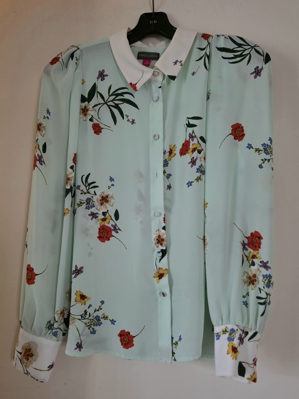 Mint Floral Button-Down Blouse with White Collar